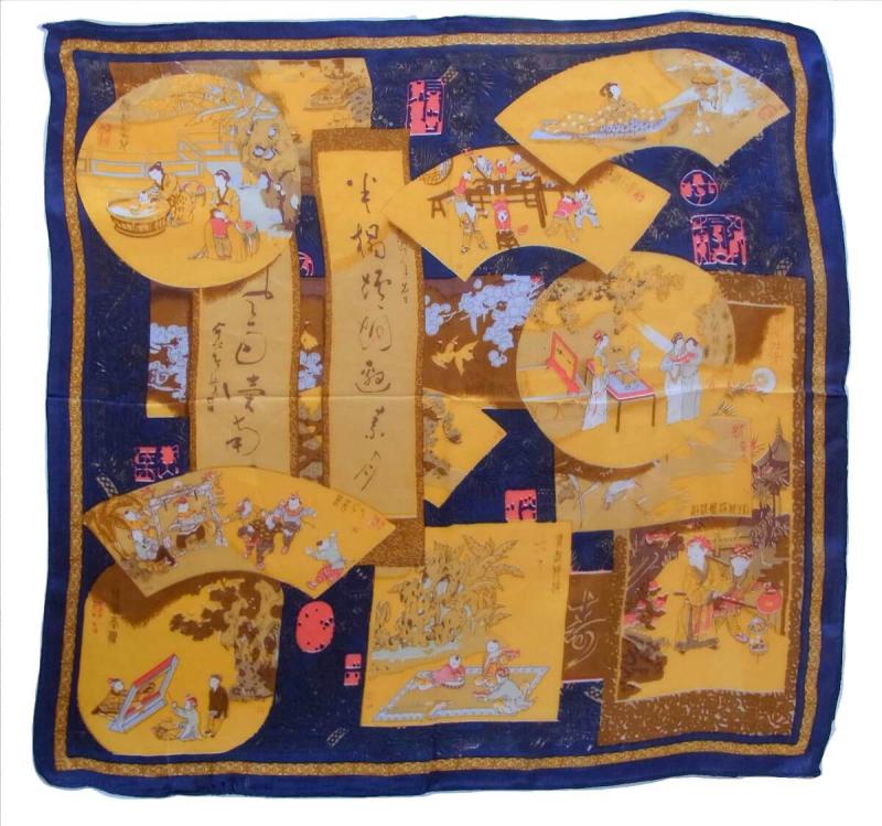 Foulard Shawl Silk Thin Asia Asian Culture Blue Yellow